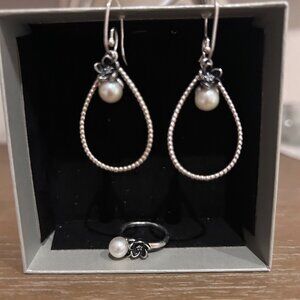 Italian White Gold Customizable Pearl and Diamond Drop Earrings w/Matching Ring
